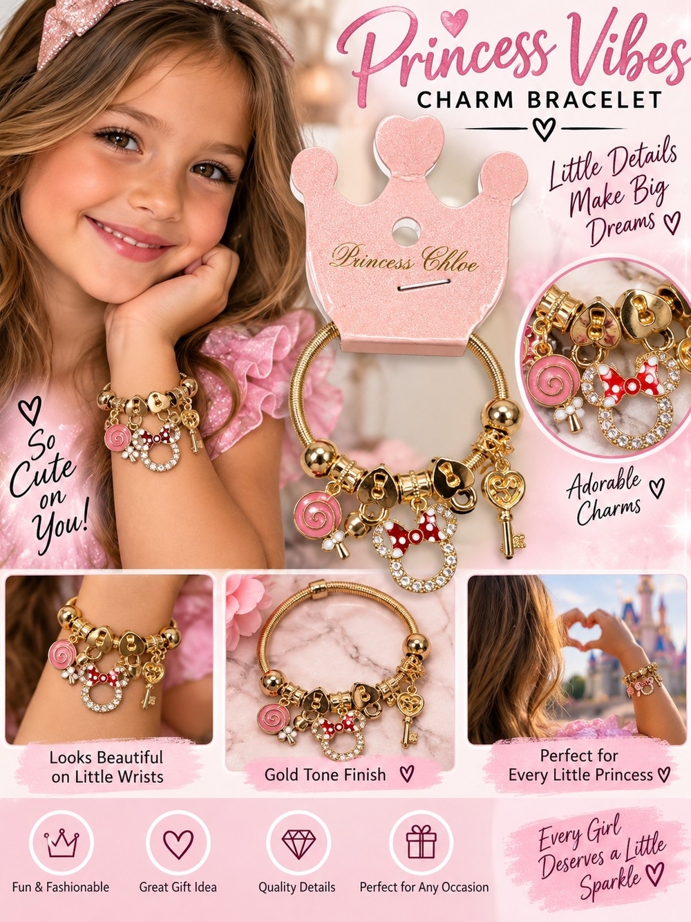 VENUS Gold Tone Charm Bracelet with Pink Accents